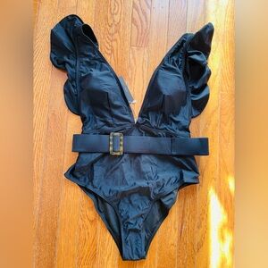 Avanova Womens Small Black One Piece Swim Suit Plunge V-Neck Ruffle Belt…